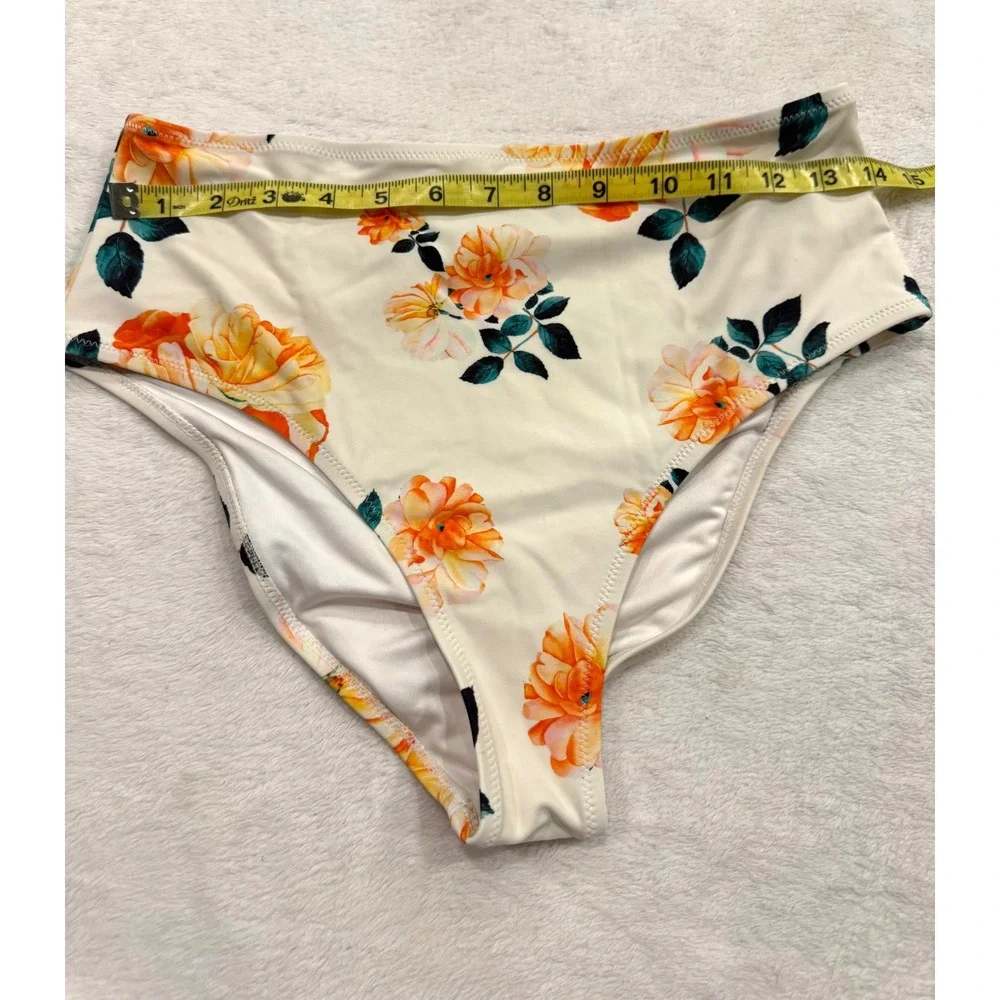 Cupshe Womens White Orange Floral High Waisted Bikini Bottoms Size Medium - Picture 2 of 6